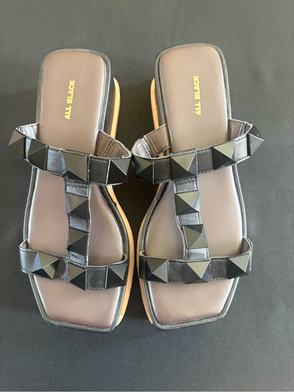All Black Studded T-Strap Slide Sandals